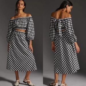 Anthropologie Maeve Black White Gingham Skirt Set Crop Top Midi Maxi Size Medium